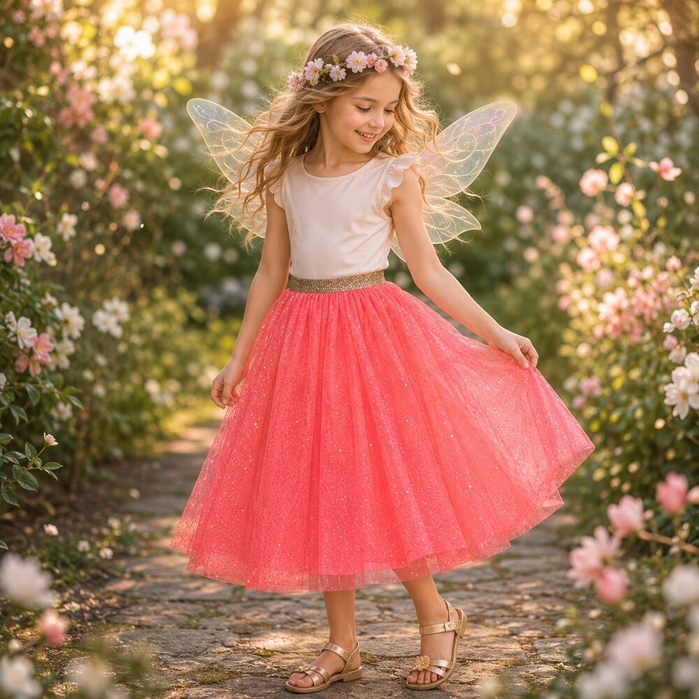 Cat & Jack Coral Pink Sparkle Tulle Midi Skirt Girls 7/8 Fairy Princess Party